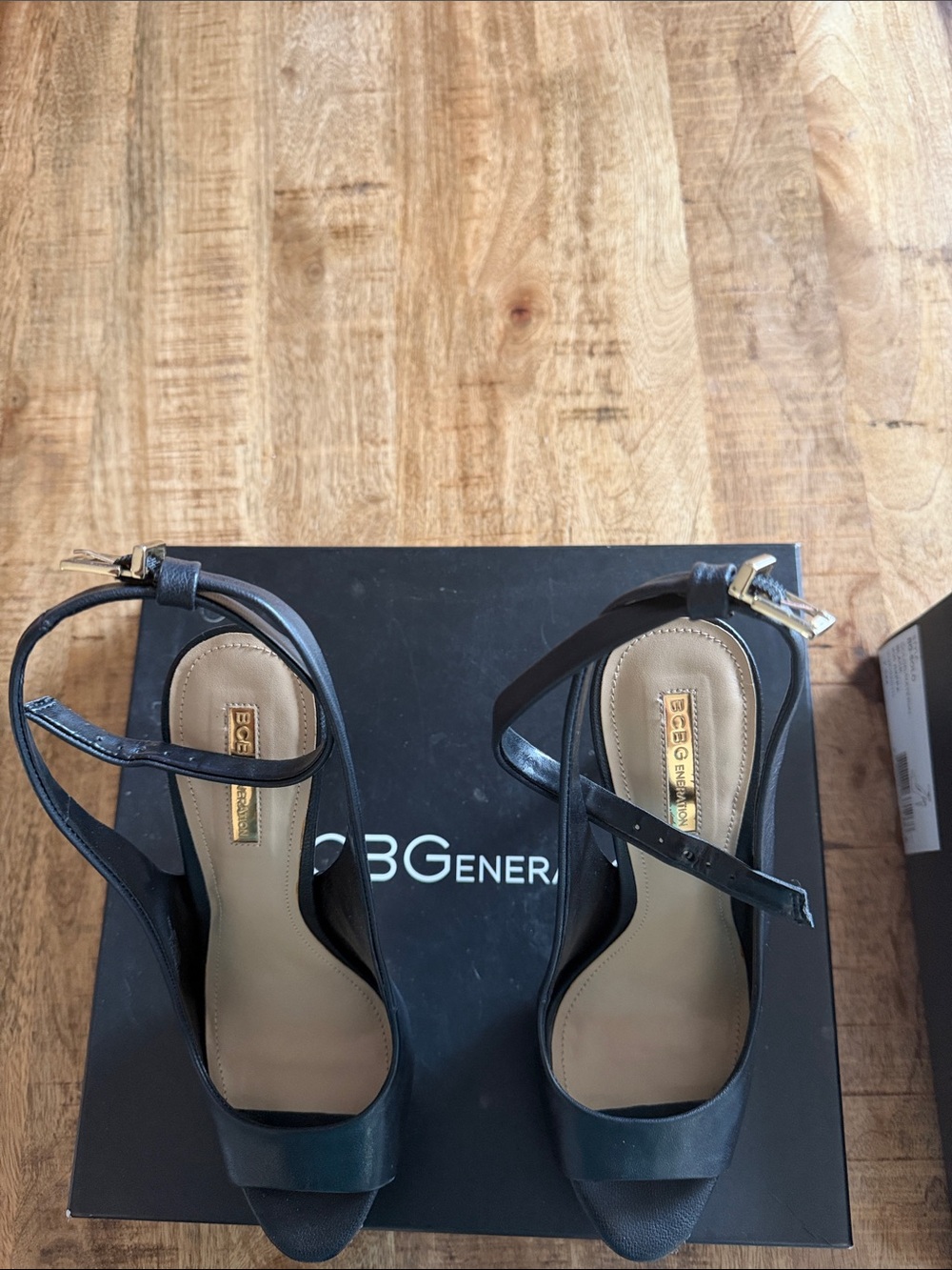 BCBGeneration Black Ankle-Strap Peep-Toe Heels